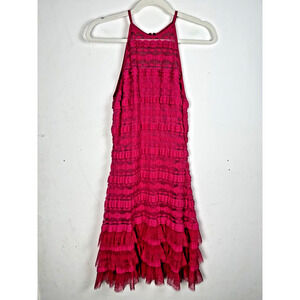 SHO Tadashi Shoji Barbie Pink Coquette Mesh Ruffle & Lace Party Cocktail Dress